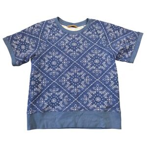 LL Bean Signature Womens Blue Bandana Paisley Short Sleeve Sweatshirt Small S